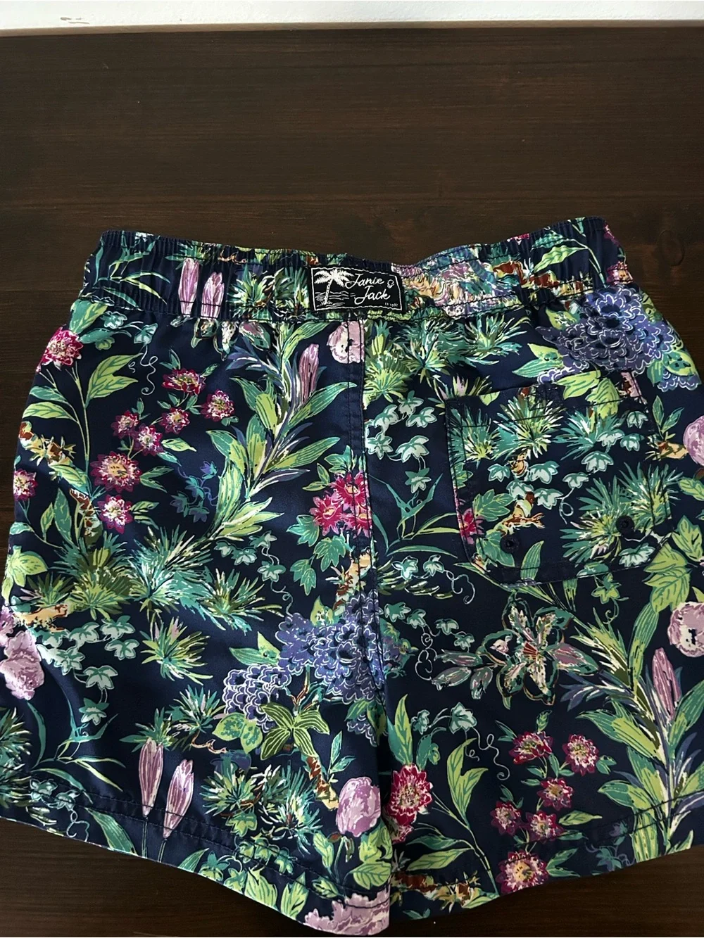 Janie and Jack Navy Floral Swim Trunks with Green & Pink Accents